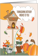 Thanksgiving Birthday Wishes with Birdhouse, Pumpkins and Flowers card