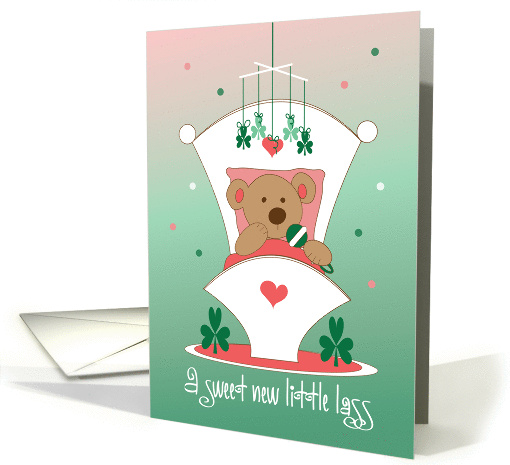New Baby Girl born on St. Patrick's Day, Bear, Cradle & Shamrocks card