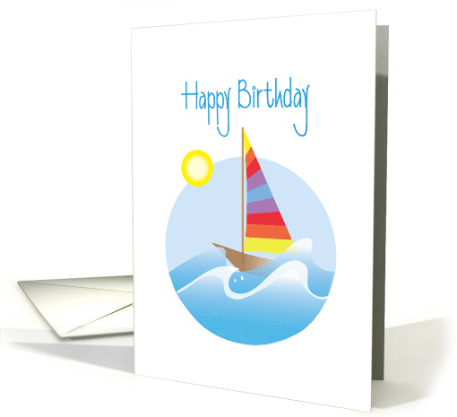 Birthday with Striped Colorful Sailboat, Rolling Waves & Sun card