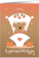 Thanksgiving Holiday Baby, Bear with Cradle and Pumpkins card