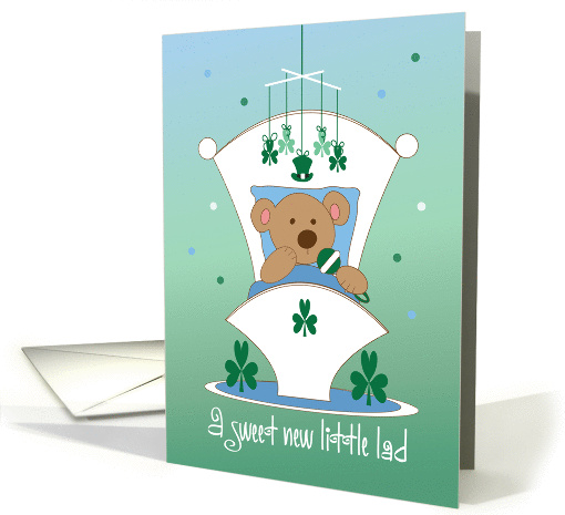 St. Patrick's Holiday Baby, Bear, Cradle & Shamrocks for Boy card