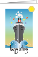 Hand Lettered Birthday for Cruise Line Ocean Liner with Balloons card