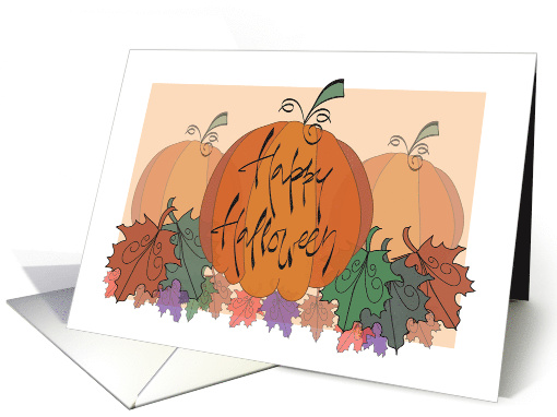 Hand Lettered Halloween for Mom, Pumpkin Trio with Autumn Leaves card