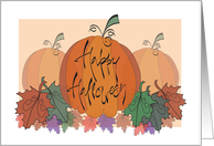 Hand Lettered Halloween for Mom, Pumpkin Trio with Autumn Leaves card