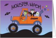 Halloween for Boy Monster Mash Monsters in Truck with Custom Name card