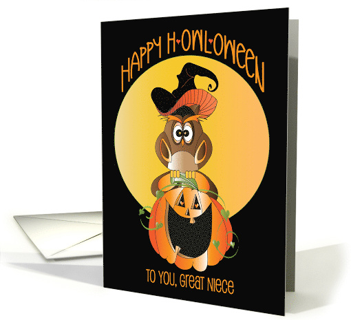 Halloween for Great Niece H-Owl-Oween Owl in Witch Hat on Pumpkin card