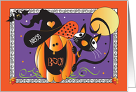 Halloween for Niece with Black Cat and Jack O Lantern with Witch Hat card
