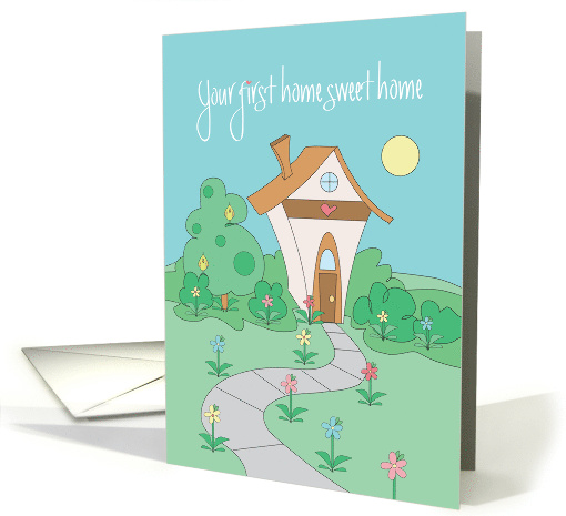 First Home Congratulations, Cute Cottage with Flowers & Heart card