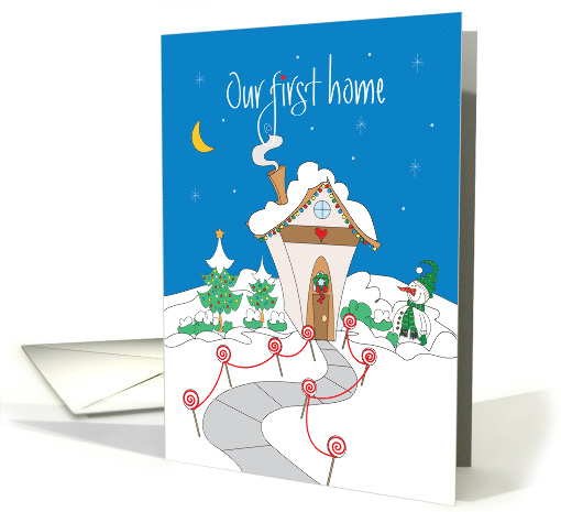 Holiday 1st Home Announcement, Decorated Cottage & Snowman card