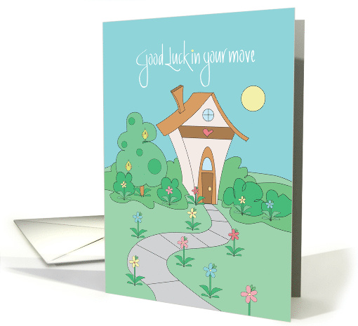 Good Luck in Your Move, Cottage in Sunlight, Shrubs & Flowers card