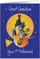 1st Halloween for Great Grandson, Flying Black Kitty in Witch’s Hat card