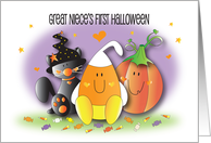 1st Halloween for Great Niece, Candy Corn, Pumpkin & Black Cat card