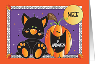 1st Halloween for Niece Black Cat and Jack O’ Lantern Under Full Moon card