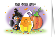 1st Halloween for Son, Black Kitty, Orange Pumpkin & Candy Corn Man card