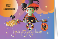 Hand Lettered Halloween Great Granddaughter Fly Black Kitty and Moon card