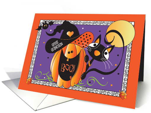 Halloween for Great Grandson, Three Jack O' Lanterns & Black Cat card