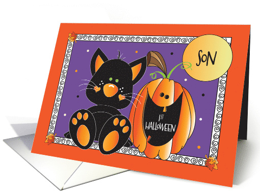 First Halloween for Son with Black Cat and Orange Jack O' Lantern card