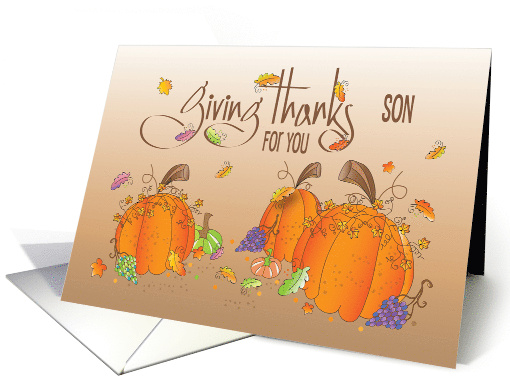 Thanksgiving Giving Thanks for Son with Fall Leaves and Pumpkins card