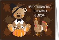 Thanksgiving for Grandson, Pilgrim Bear, Turkey and Pumpkin card