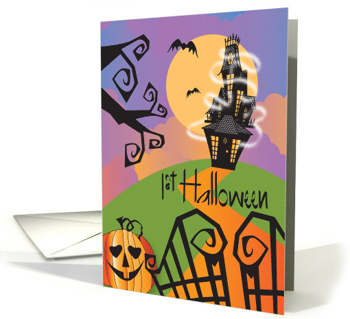 Hand Lettered First Halloween in New Home Haunted House on Hill card