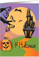 First Halloween with Haunted House on Hill with Jack O’ Lantern card