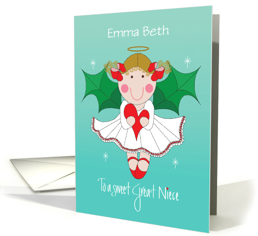Christmas for Great Niece Angel with Holly Wings and Custom Name card