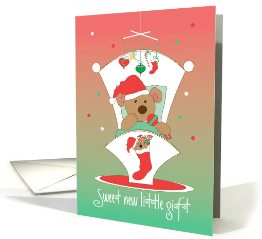 Christmas Baby, Bear in Cradle with Santa Hat, Stocking & Mobile card