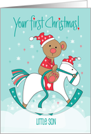 First Christmas for Son Brown Bear on Rocking Horse with Santa Hats card