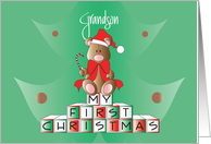 First Christmas for Grandson, Bear on Holiday Blocks, in Santa Hat card