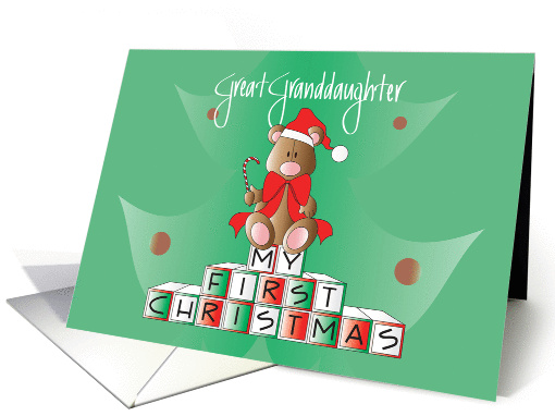 First Christmas Great Granddaughter, Bear on Blocks & Santa Hat card