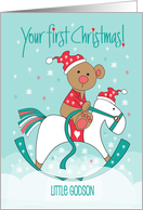 First Christmas for Godson Bear on Rocking Horse in Santa Hat card