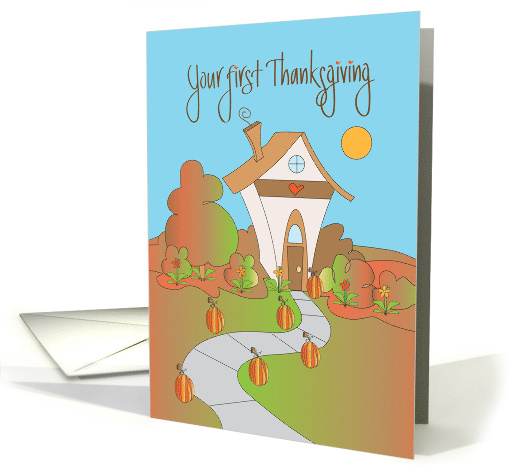 First Thanksgiving, with Fall Colored Cottage with Heart card