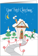 First Christmas, with Holiday Decorated Cottage in Snow card