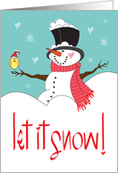 Christmas Let it Snow Snowman with Snowflakes Hearts and Yellow Bird card