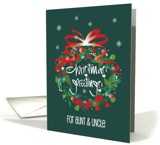 Hand Lettered Christmas for Aunt & Uncle, Wreath with Red Ribbon card
