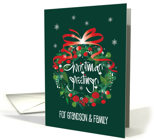 Grandson & Family's Hand Lettered Christmas Wreath with Red Bow card