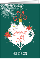 Hand Lettered Christmas for Cousin, Decorated Ornament with Bow card