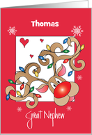 Christmas for Great Nephew Reindeer Lights in Antlers Custom Name card