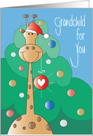 Christmas for Grandchild, Giraffe Holding Ornament in Santa Hat card