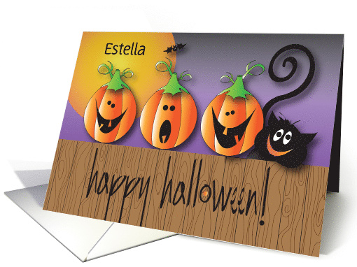 Halloween Pumpkins & Black Kitty with Full Moon & Custom Name card