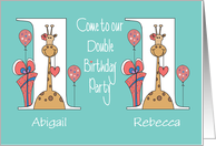 Invitation to 1st Birthday Party for Girl Twins Giraffes & Balloons card