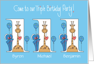 Invitation for Triplet 3 Boys 1st Birthday Party Giraffes & Balloons card