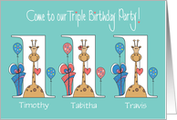 Invitation to Triplets 1st Birthday Giraffes with 2 Boys and 1 Girl card