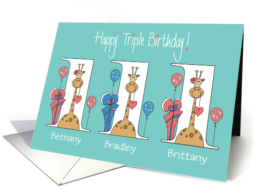Birthday for Triplets, 2 Girls & 1 Boy, Giraffes With Balloons card