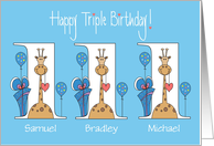 Birthday for Triplets, 3 Boys, Giraffes With Bows and Balloons card