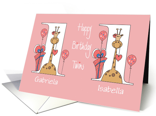 Birthday for Girl Twins, Giraffes With Pink Bows & Balloons card