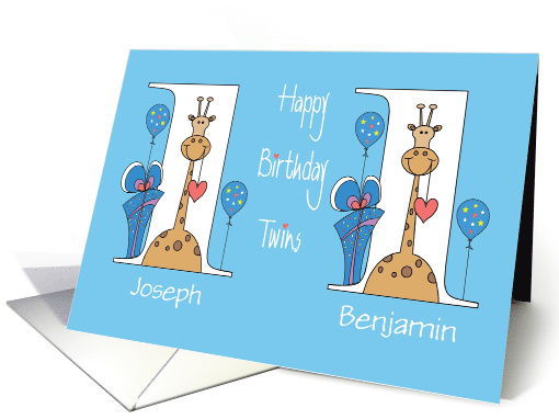Birthday for Boy Twins, Custom Names with Giraffes & Balloons card