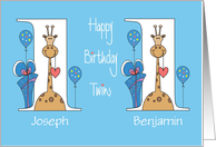 Birthday for Boy Twins, Custom Names with Giraffes & Balloons card