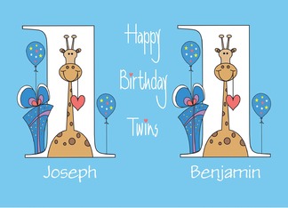 Birthday for Boy Twins, Custom Names with Giraffes & Balloons