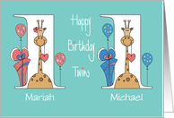 Twin Birthday for Boy & Girl Double Giraffes with Custom Names card